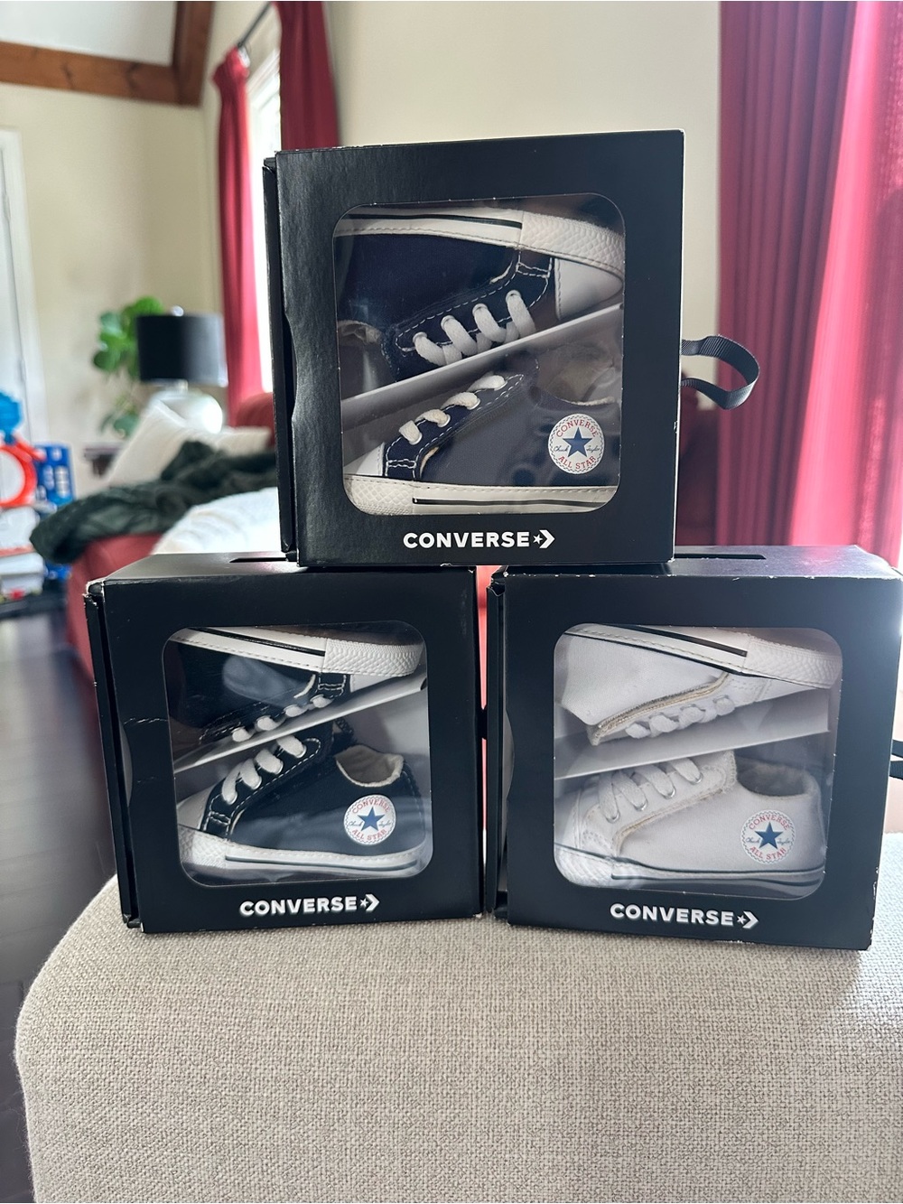 Converse Baby Shoe Box Trio — Black, Navy and White sizes 2 & 3